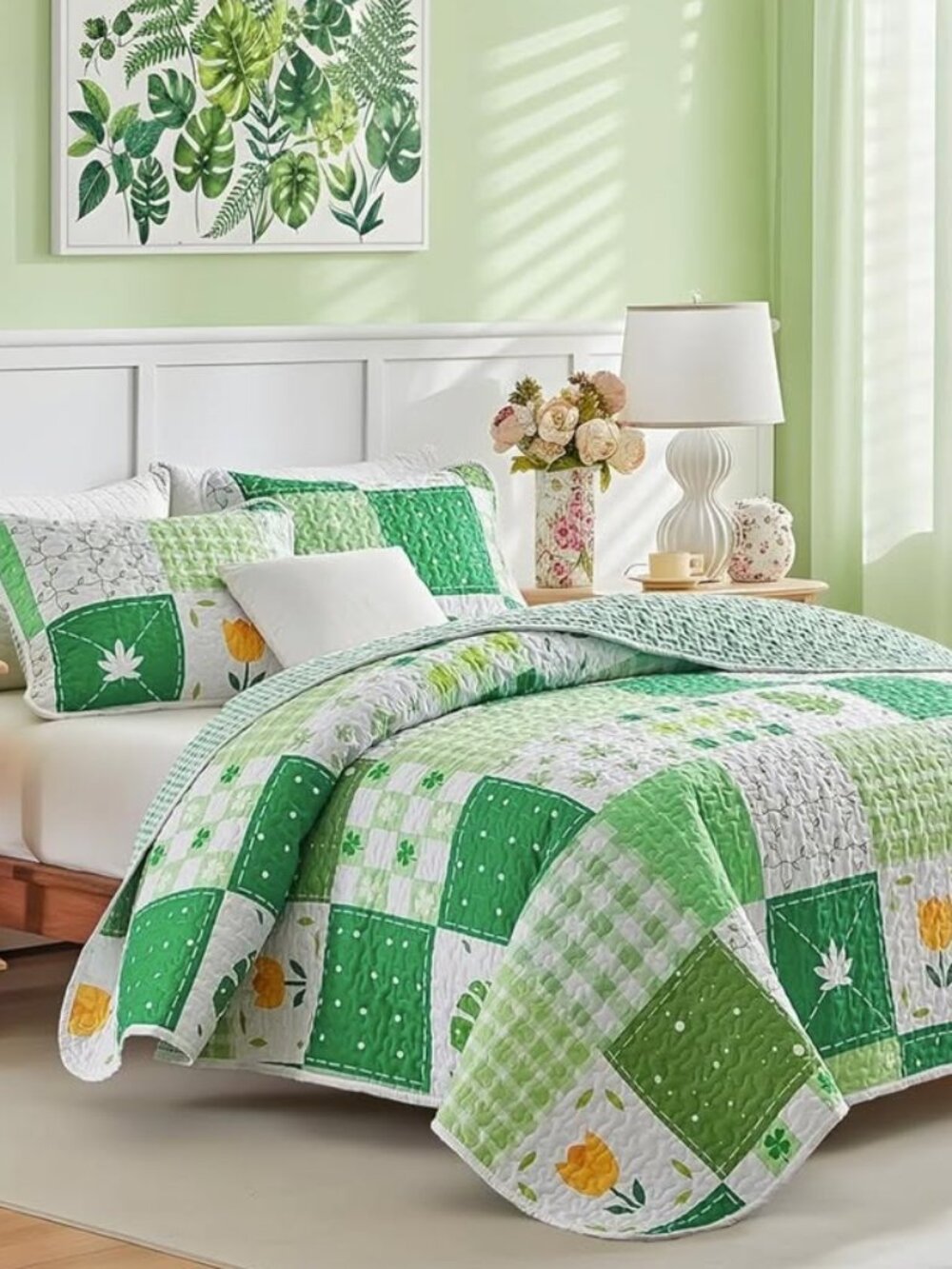 New Green White Floral Patchwork 3-Piece Bedding Quilt Set • KING